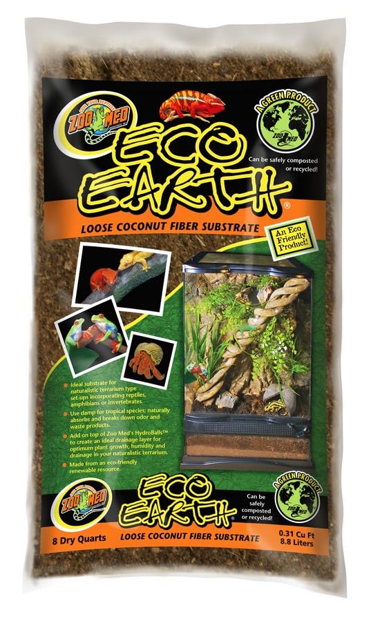 Zoo Med Eco Earth All-Natural Loose Coconut Fiber, Safely Composted, Tropical Substrate for Reptiles (8 Quarts, 2-Pack)