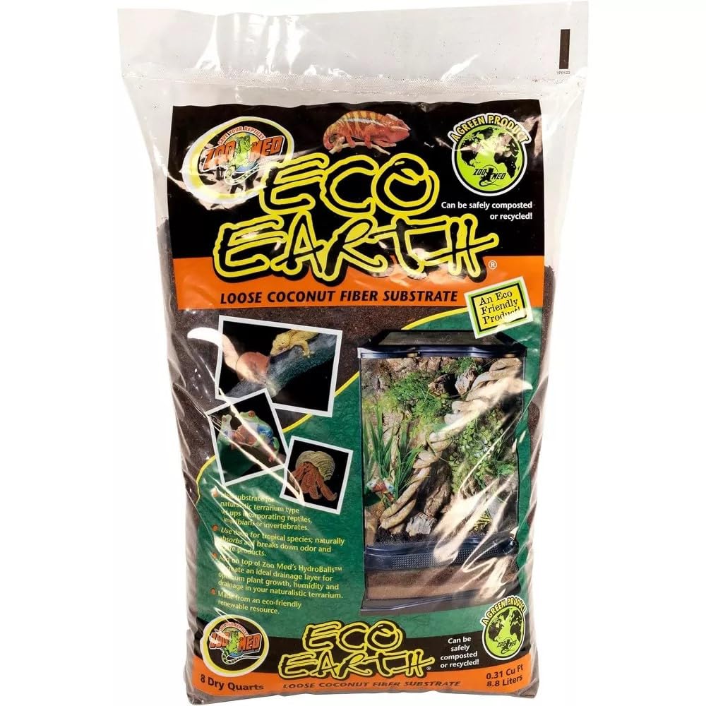 Zoo Med Eco Earth All-Natural Loose Coconut Fiber, Safely Composted, Tropical Substrate for Reptiles (8 Quarts, 2-Pack)