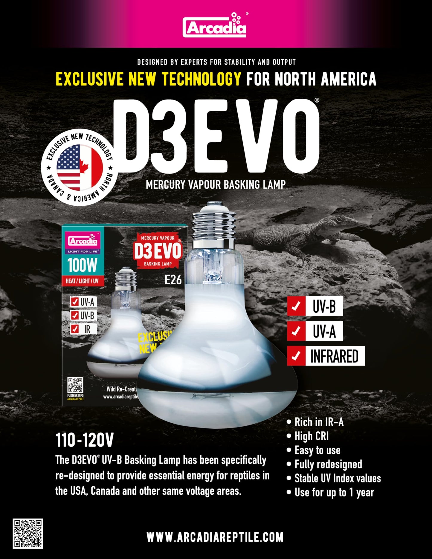 Arcadia D3Evo UV-B Basking Lamp - 100W